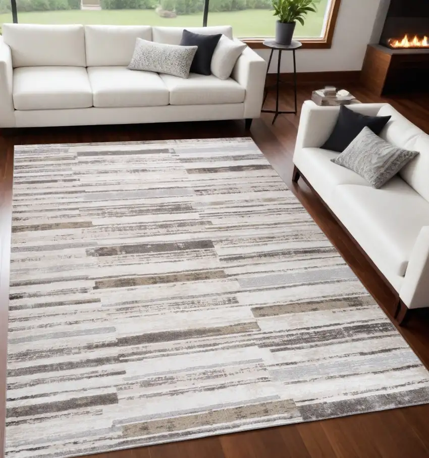 Beige and Brown Abstract Distressed Area Rug Photo 1