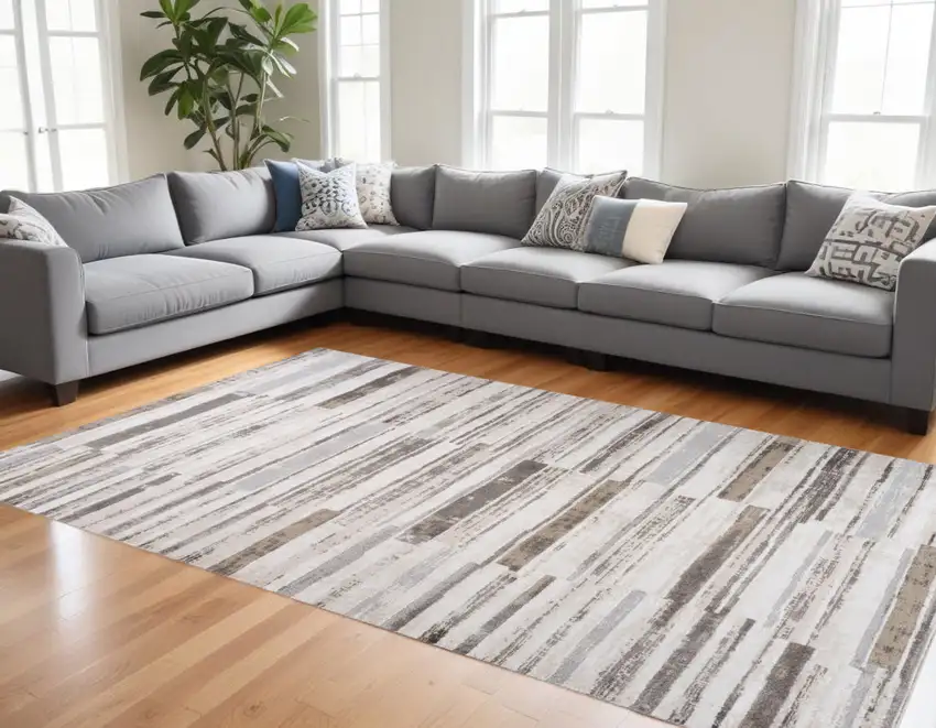 Beige and Brown Abstract Distressed Area Rug Photo 1