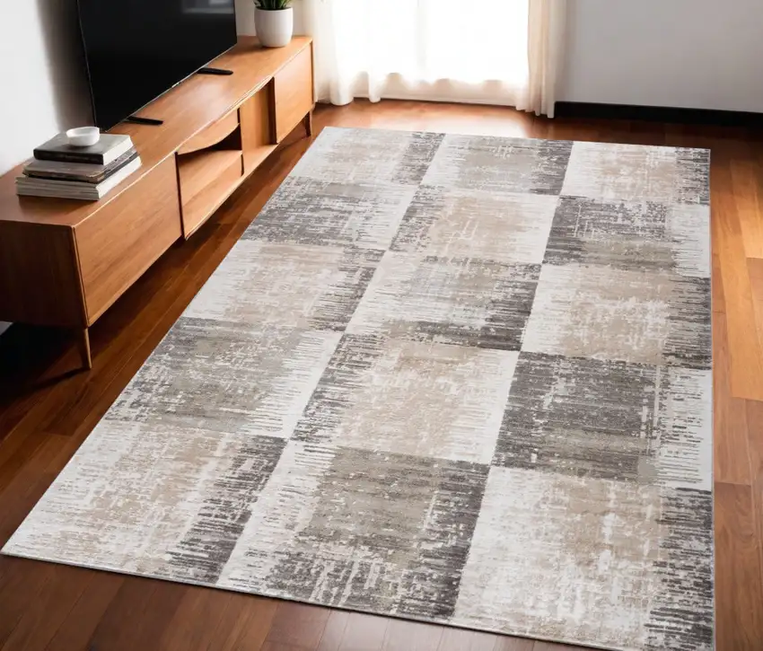 Beige and Brown Abstract Distressed Area Rug Photo 1