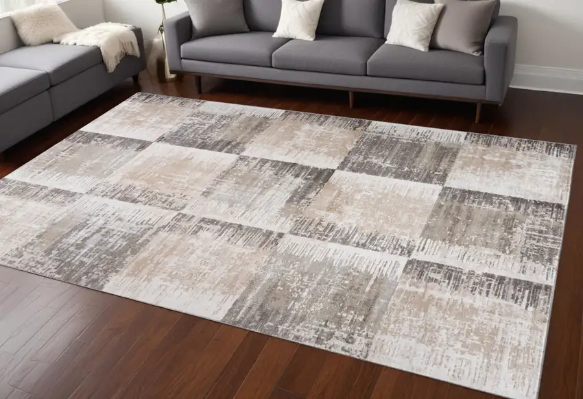 Beige and Brown Abstract Distressed Area Rug Photo 1