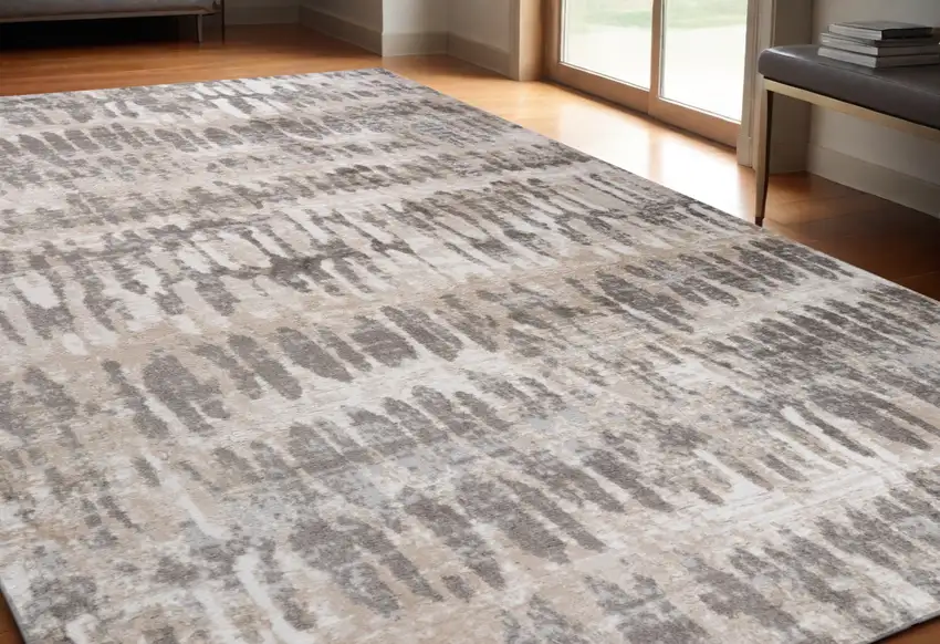 Beige and Brown Abstract Distressed Area Rug Photo 1