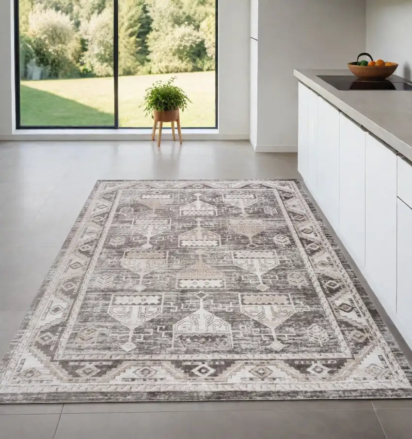 Beige and Brown Abstract Distressed Area Rug Photo 1