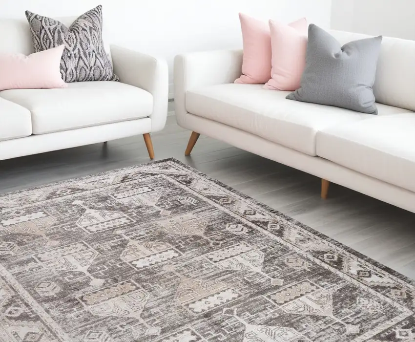 Beige and Brown Abstract Distressed Area Rug Photo 1