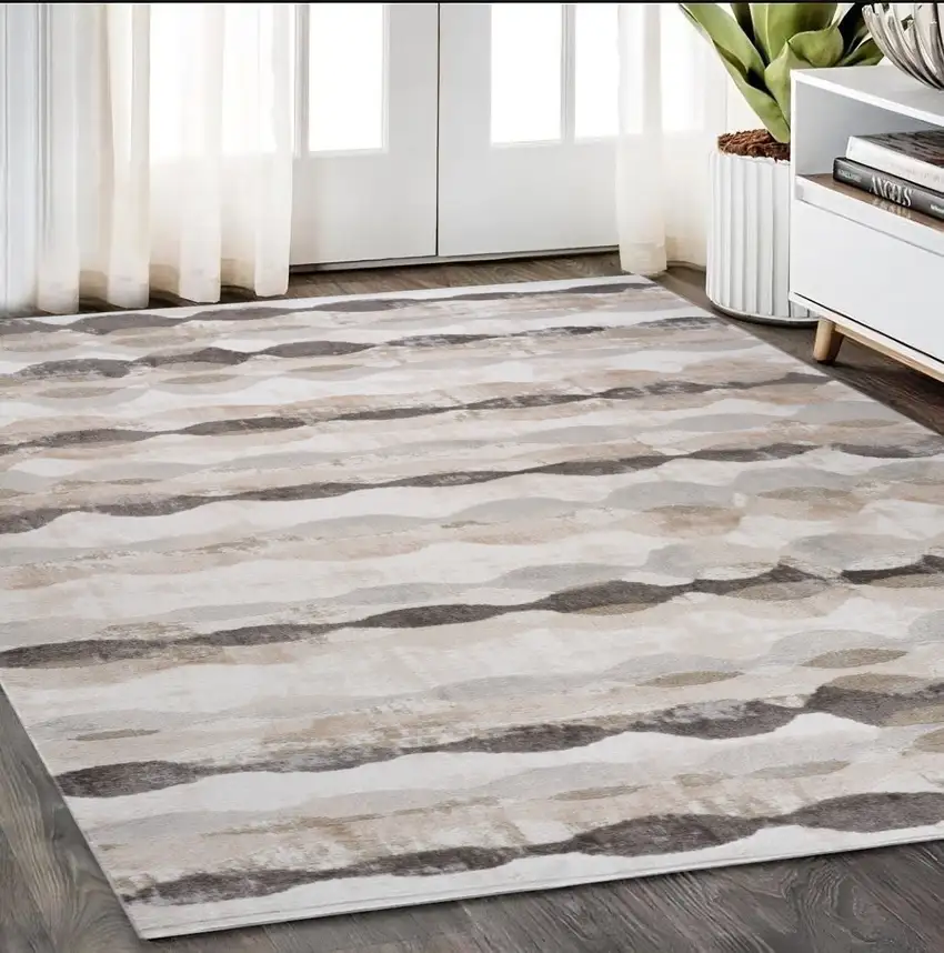 Beige and Brown Abstract Distressed Area Rug Photo 1