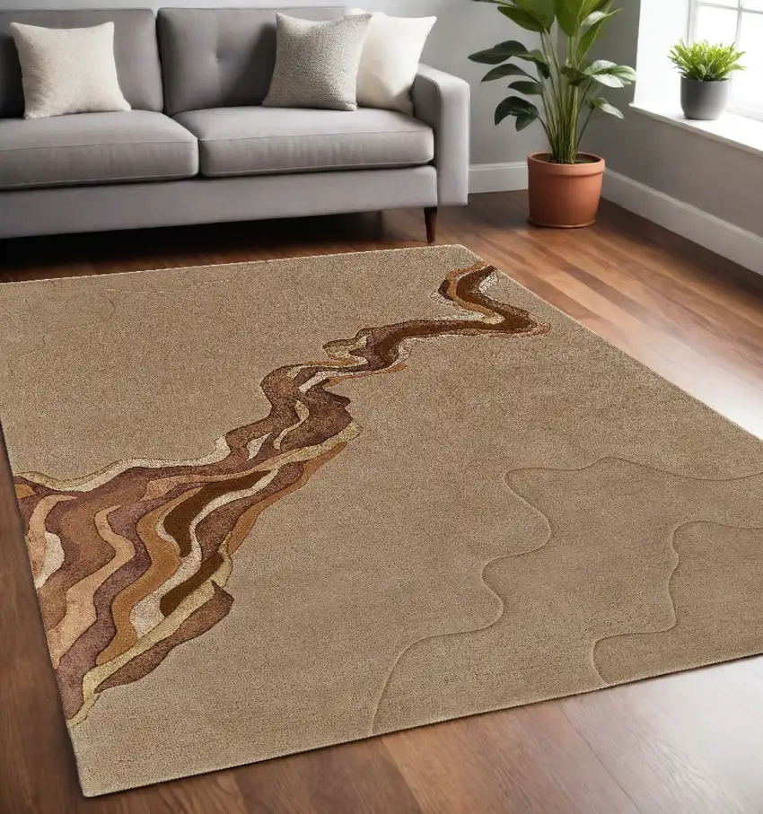 Beige and Brown Abstract Hand Tufted Area Rug Photo 1