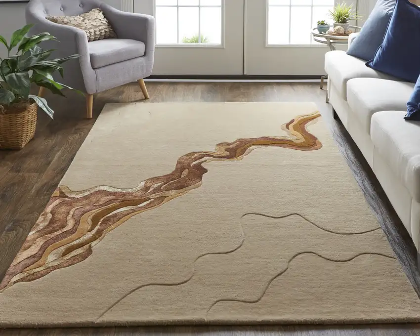 Beige and Brown Abstract Hand Tufted Area Rug Photo 6