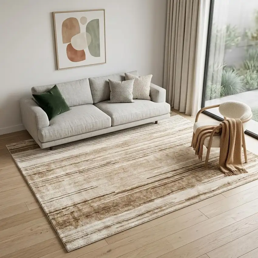 Beige and Brown Abstract Power Loom Distressed Non Skid Area Rug Photo 1