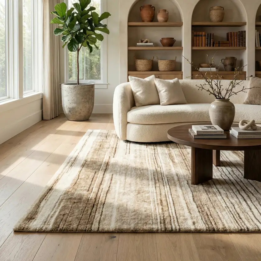 Beige and Brown Abstract Power Loom Distressed Non Skid Area Rug Photo 5