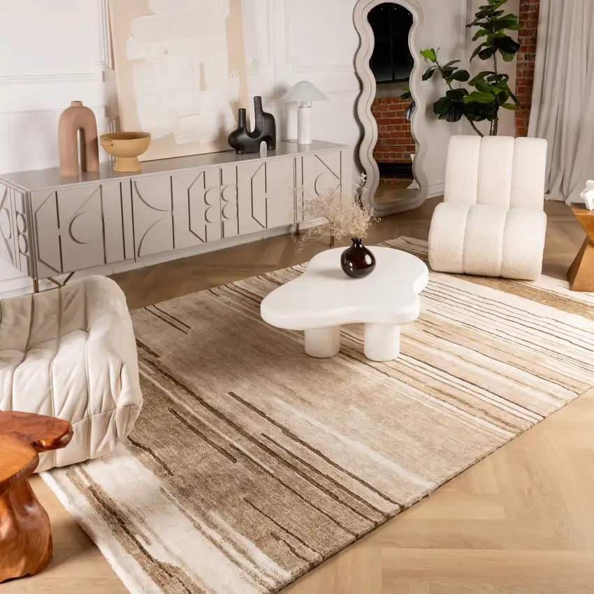 Beige and Brown Abstract Power Loom Distressed Non Skid Area Rug Photo 8
