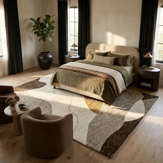 Beige and Brown Abstract Power Loom Distressed Area Rug Photo 8