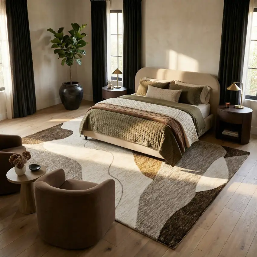 Beige and Brown Abstract Power Loom Distressed Area Rug Photo 8