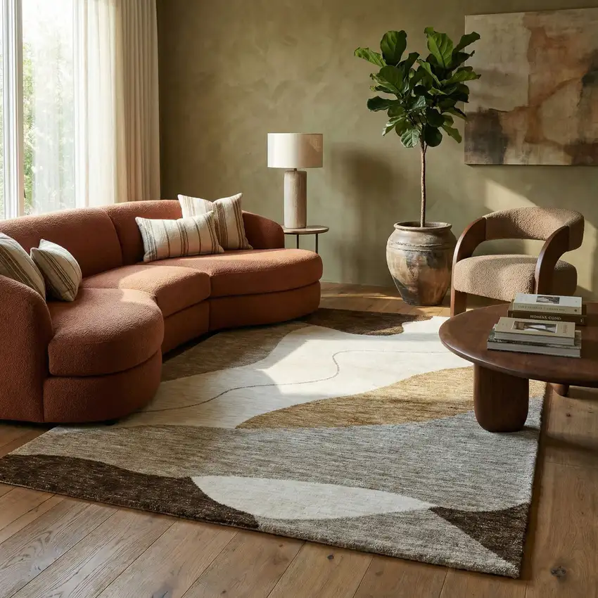 Beige and Brown Abstract Power Loom Distressed Area Rug Photo 6