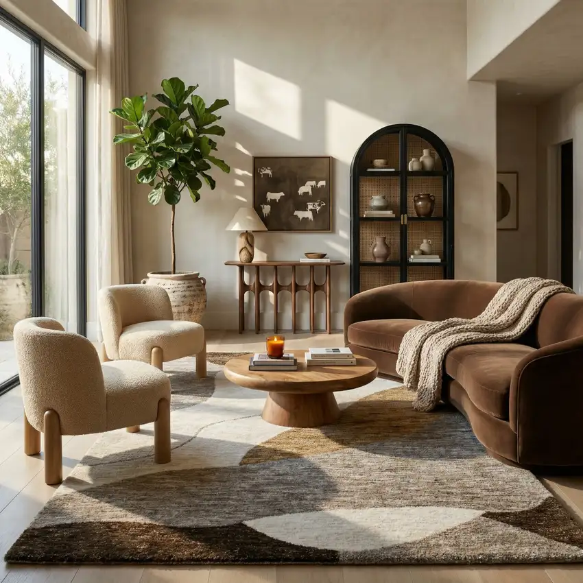 Beige and Brown Abstract Power Loom Distressed Area Rug Photo 7