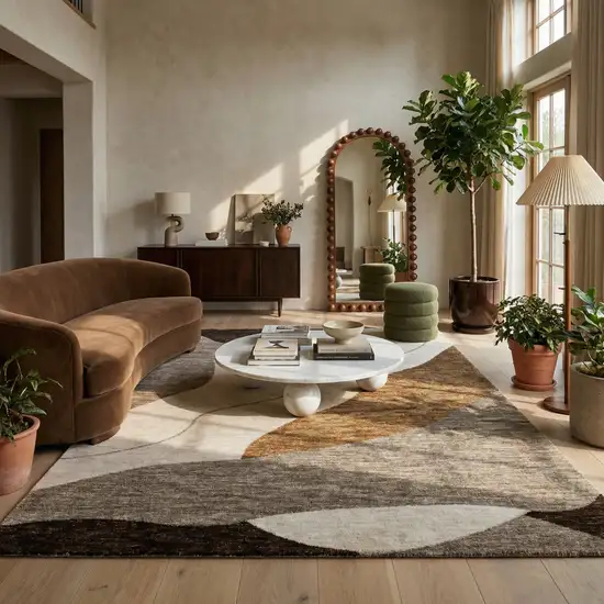 Beige and Brown Abstract Power Loom Distressed Area Rug Photo 5