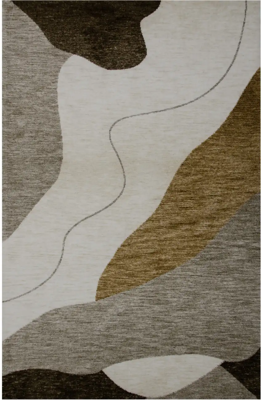 Beige and Brown Abstract Power Loom Distressed Area Rug Photo 2