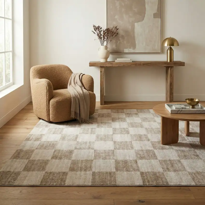 Beige and Brown Checkered Area Rug Photo 6