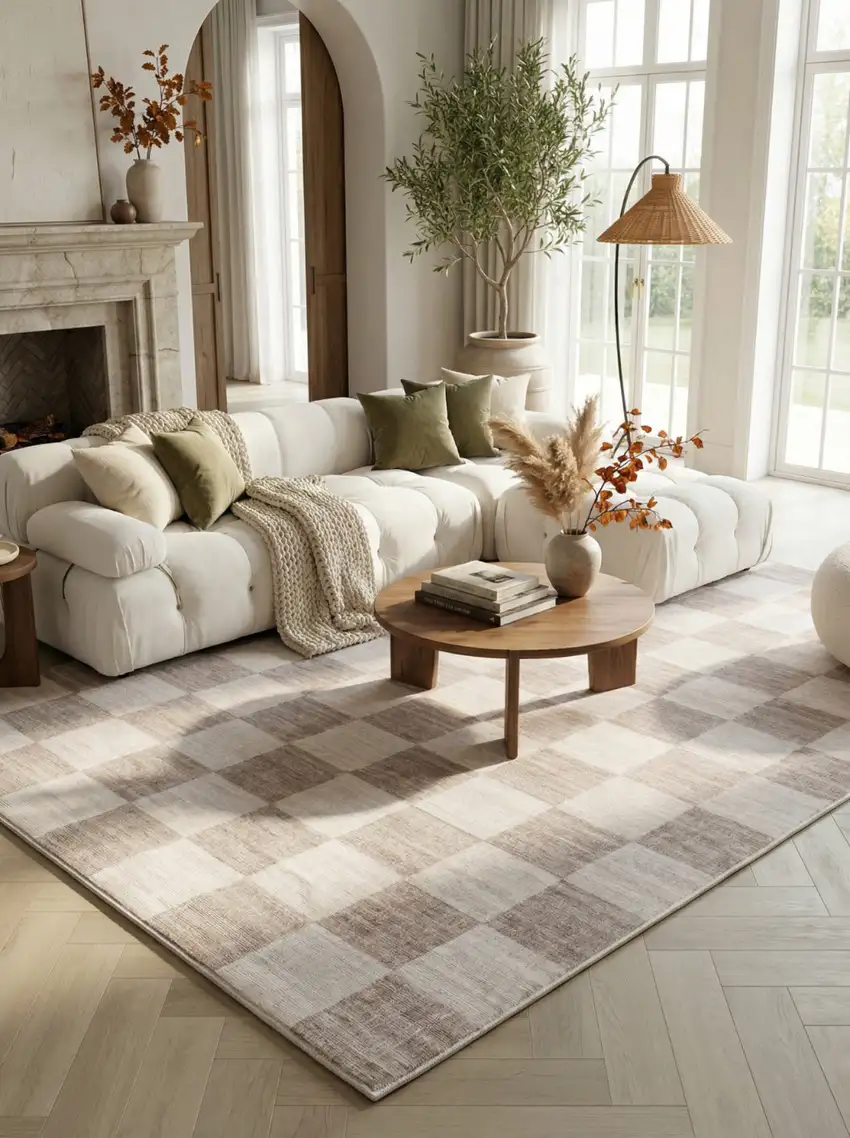 Beige and Brown Checkered Area Rug Photo 5