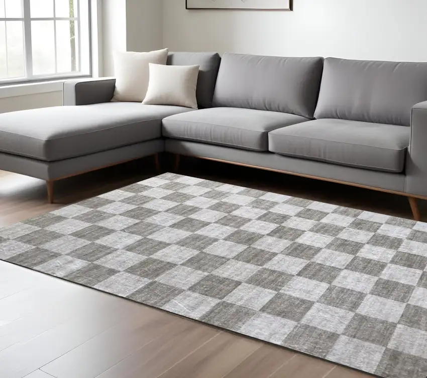 Beige and Brown Checkered Area Rug Photo 3