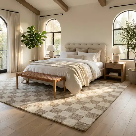 Beige and Brown Checkered Power Loom Area Rug Photo 9