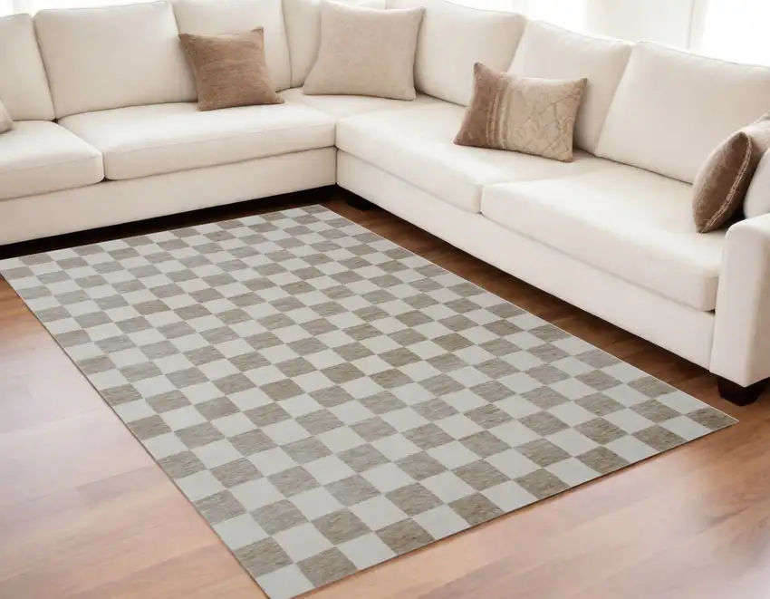 Beige and Brown Checkered Power Loom Area Rug Photo 1