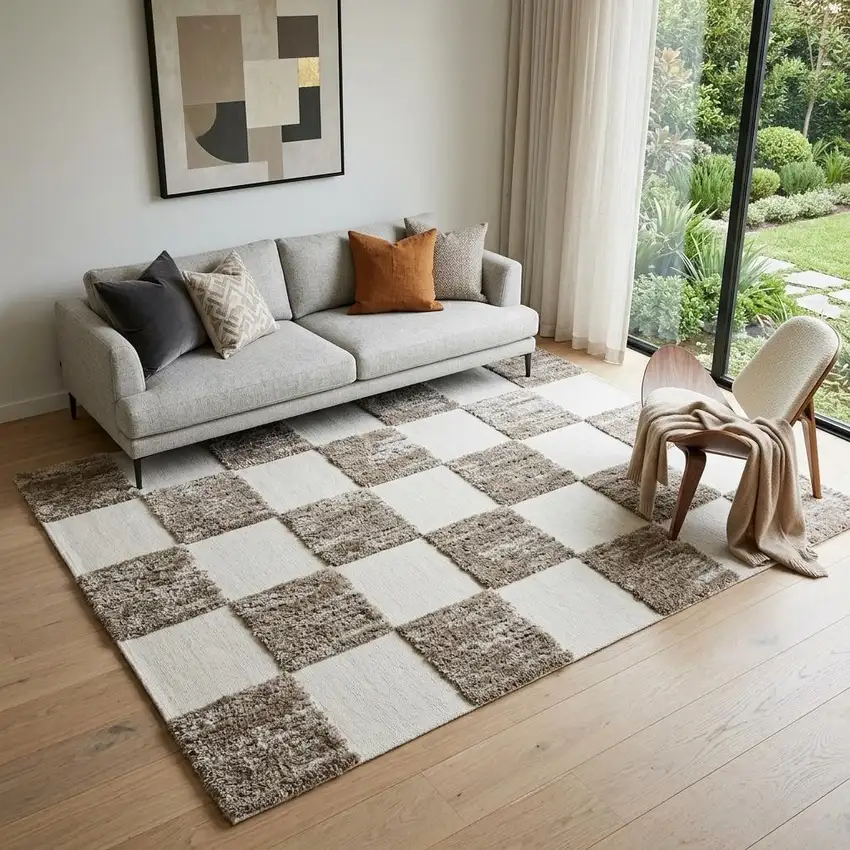 Beige and Brown Checkered Power Loom Area Rug Photo 1