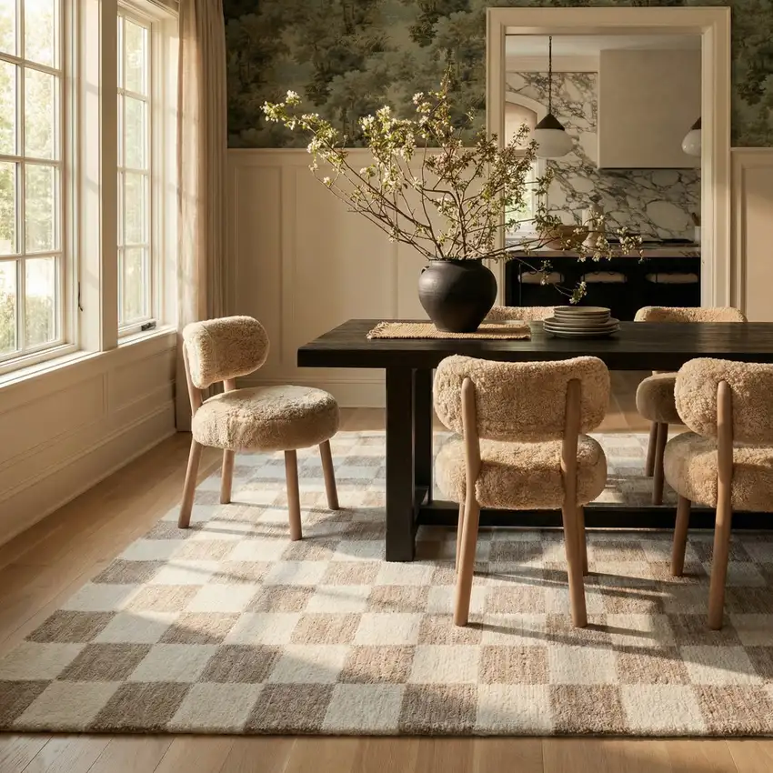 Beige and Brown Checkered Power Loom Area Rug Photo 5