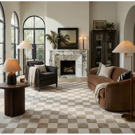 Beige and Brown Checkered Power Loom Area Rug Photo 4