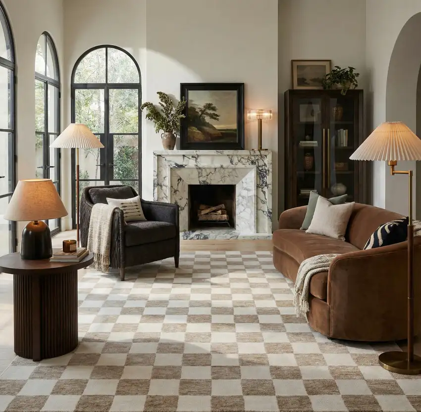 Beige and Brown Checkered Power Loom Area Rug Photo 4
