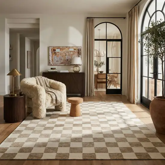 Beige and Brown Checkered Power Loom Area Rug Photo 5
