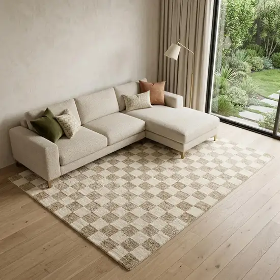 Beige and Brown Checkered Power Loom Area Rug Photo 1