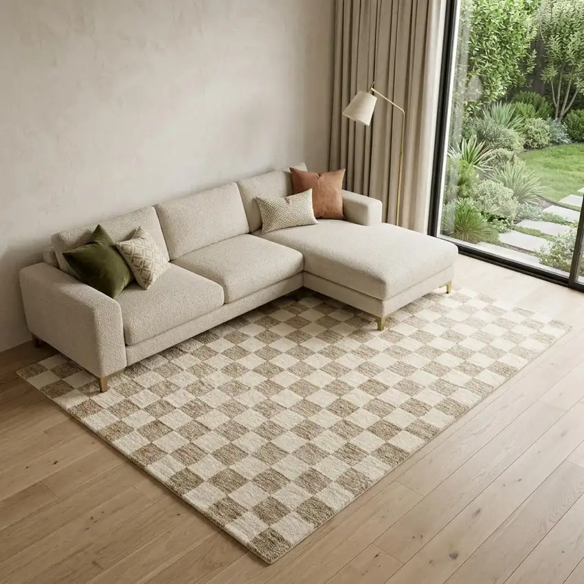 Beige and Brown Checkered Power Loom Area Rug Photo 1