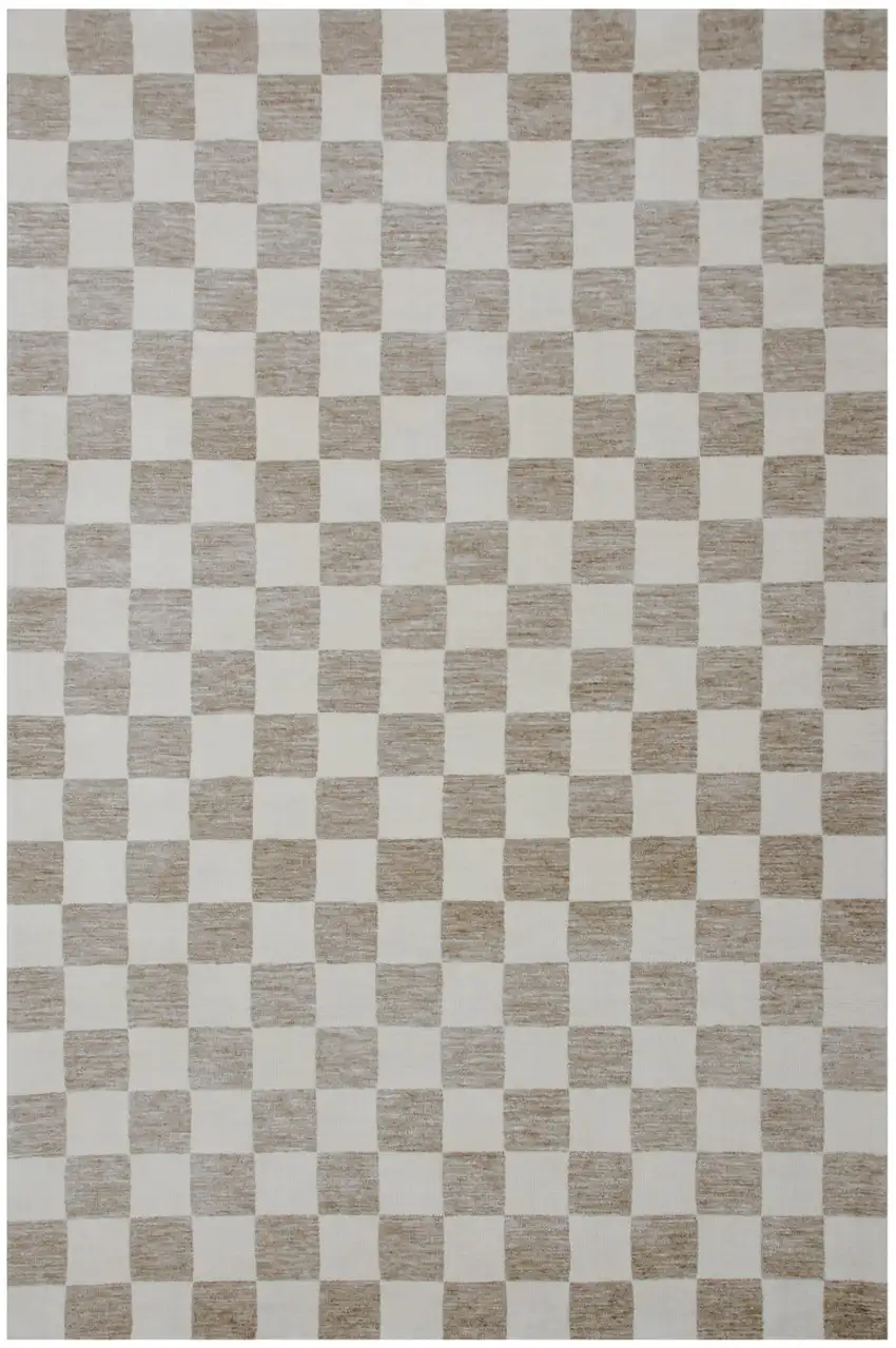 Beige and Brown Checkered Power Loom Area Rug Photo 2