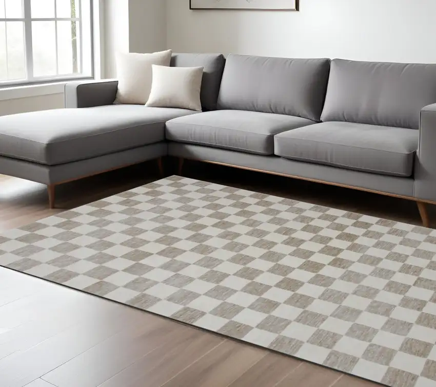 Beige and Brown Checkered Power Loom Area Rug Photo 1
