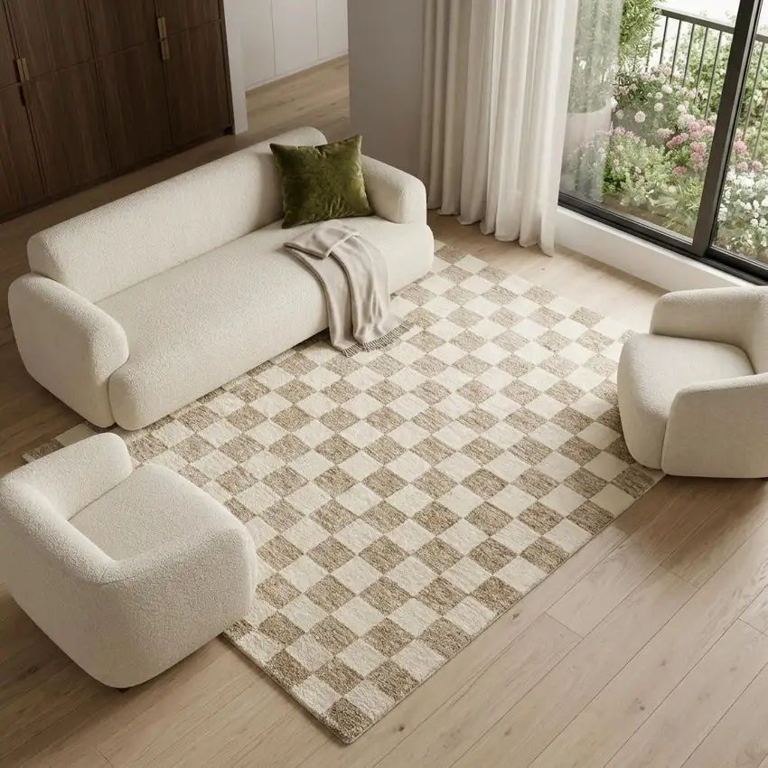 Beige and Brown Checkered Power Loom Area Rug Photo 1