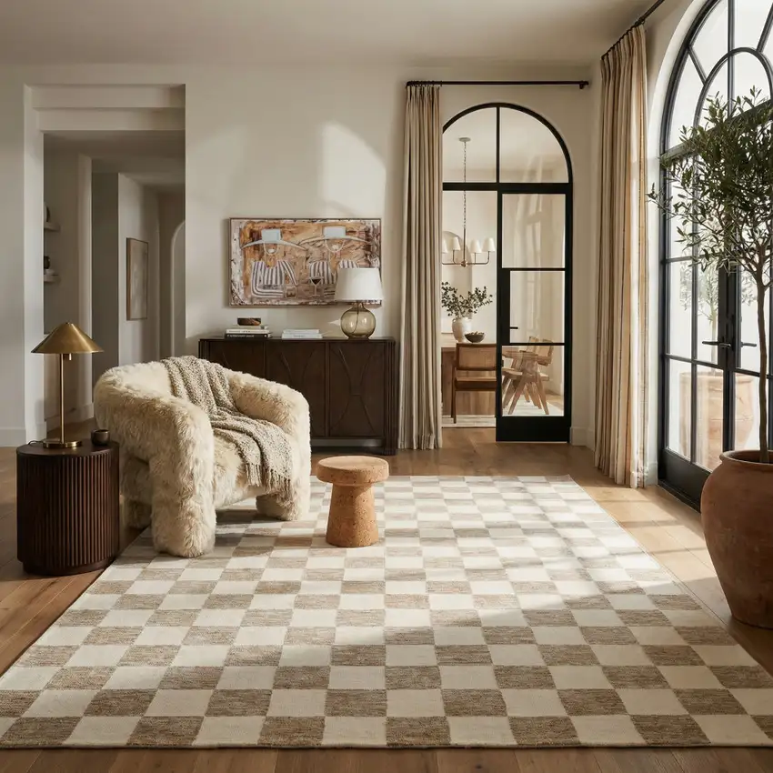 Beige and Brown Checkered Power Loom Area Rug Photo 5