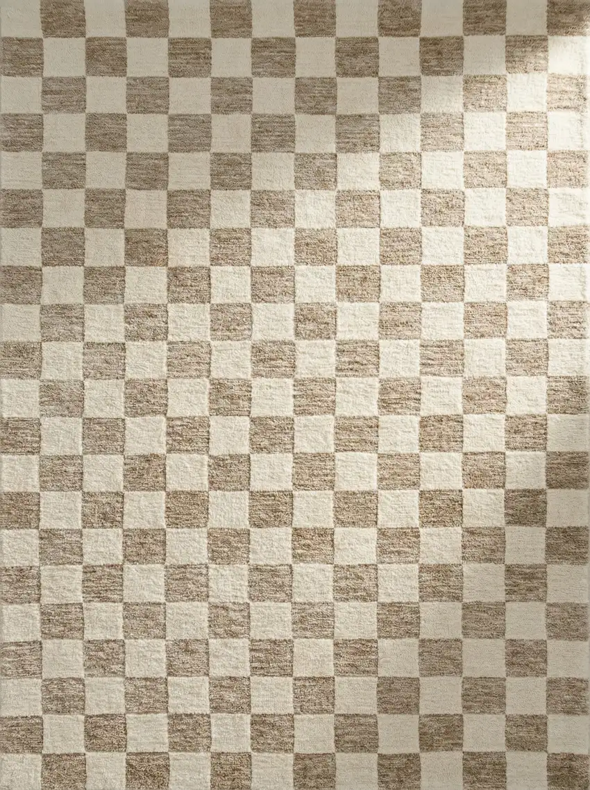 Beige and Brown Checkered Power Loom Area Rug Photo 5
