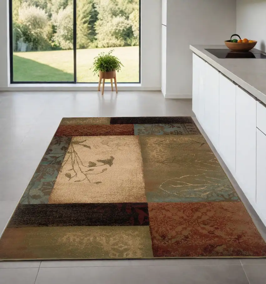 Beige And Brown Floral Block Pattern Area Rug Photo 1