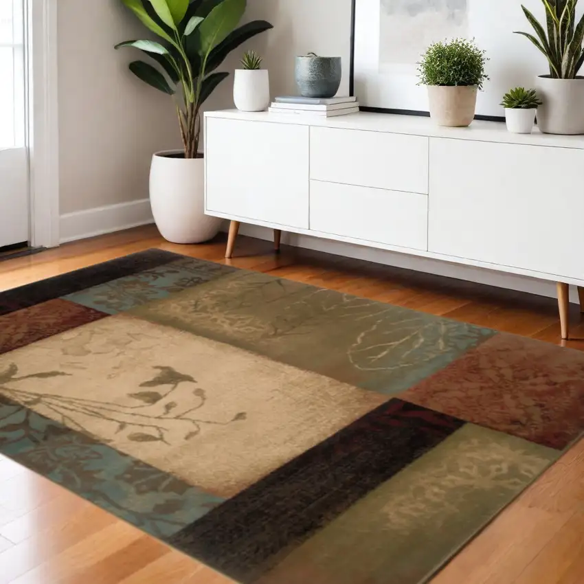 Beige And Brown Floral Block Pattern Area Rug Photo 1