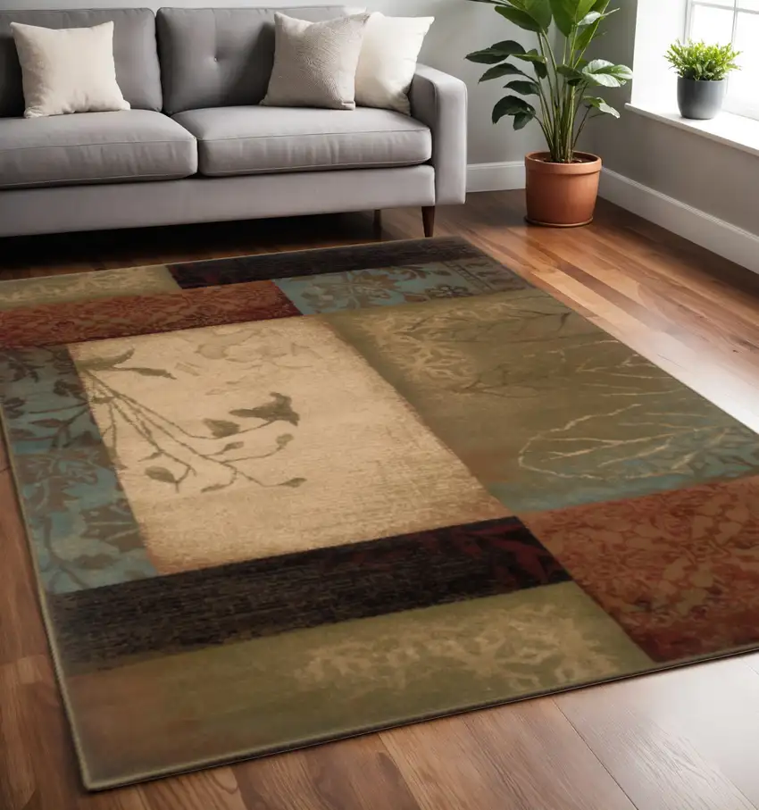 Beige And Brown Floral Block Pattern Area Rug Photo 1