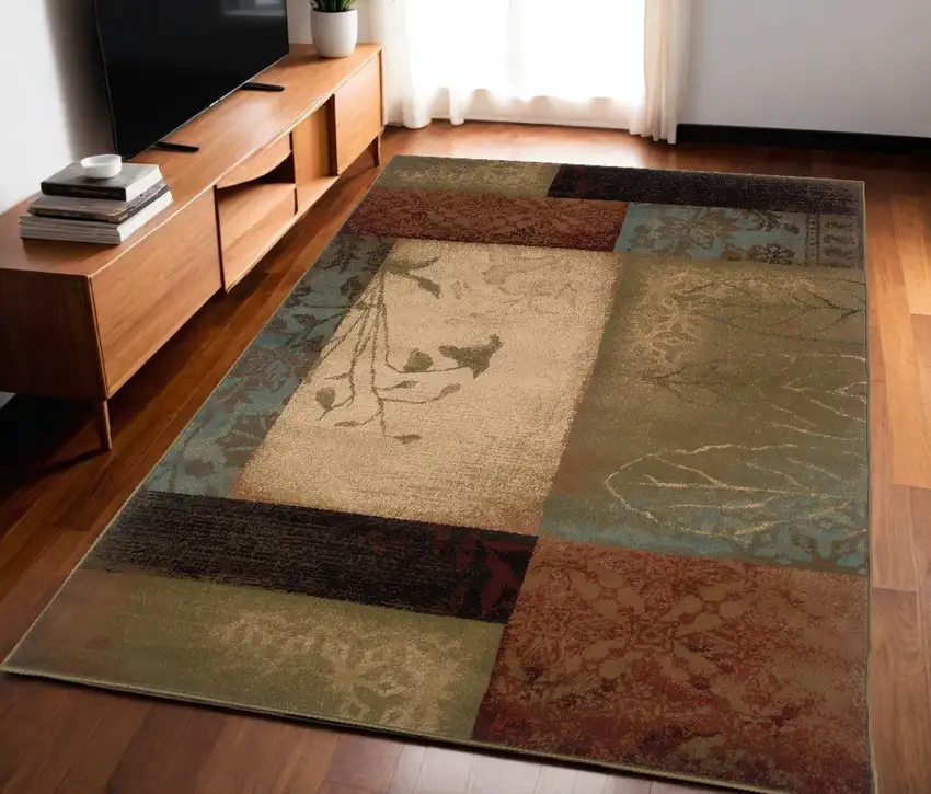 Beige And Brown Floral Block Pattern Area Rug Photo 1
