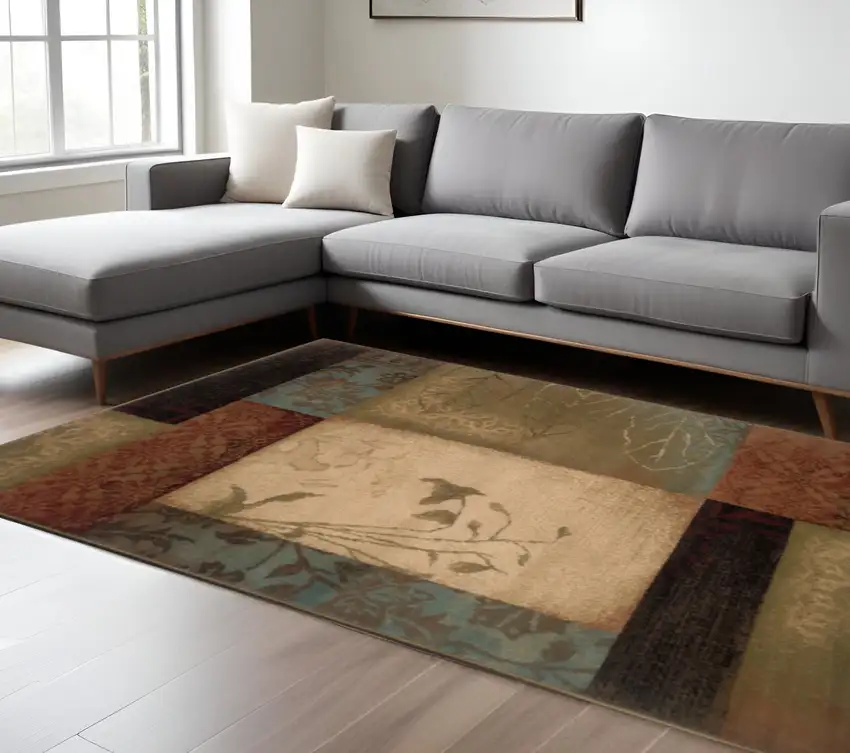 Beige And Brown Floral Block Pattern Area Rug Photo 1