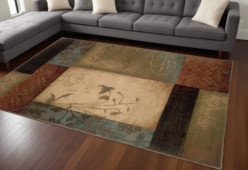 Beige And Brown Floral Block Pattern Area Rug Photo 1