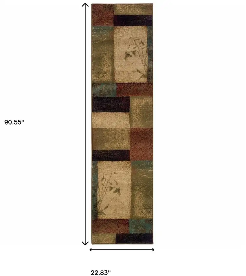 Beige and Brown Floral Block Pattern Runner Rug Photo 6