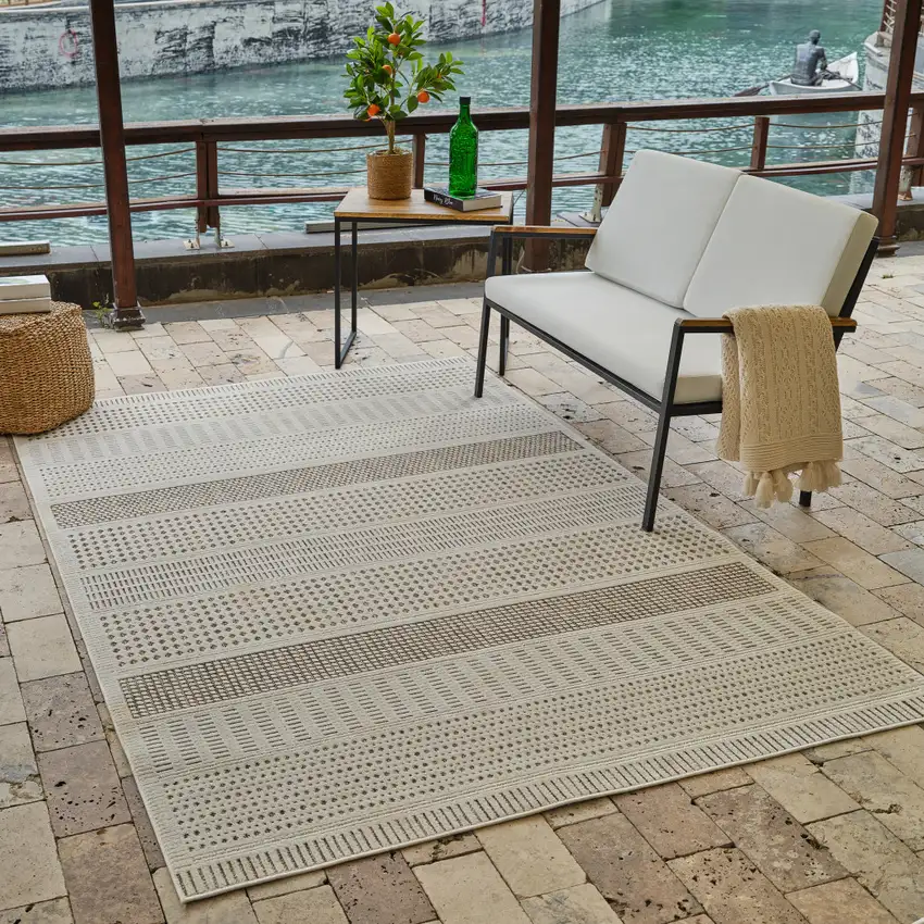 Beige and Brown Geometric Distressed Indoor Outdoor Area Rug Photo 9