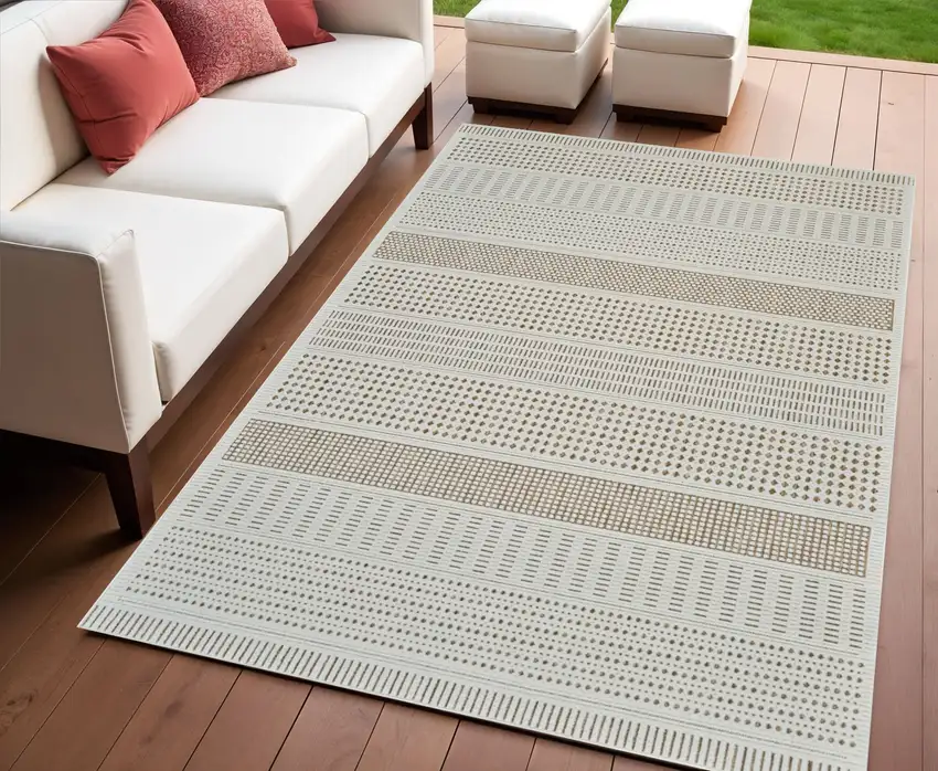 Beige and Brown Geometric Distressed Indoor Outdoor Area Rug Photo 1