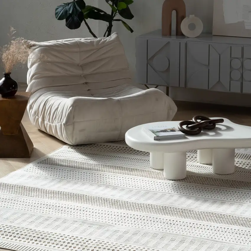 Beige And Brown Geometric Distressed Indoor Outdoor Area Rug Photo 7