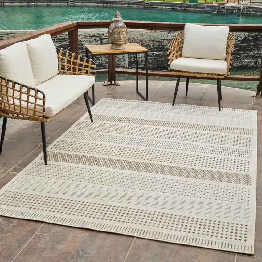 Beige and Brown Geometric Distressed Indoor Outdoor Area Rug Photo 8