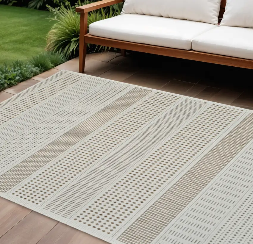 Beige and Brown Geometric Distressed Indoor Outdoor Area Rug Photo 1