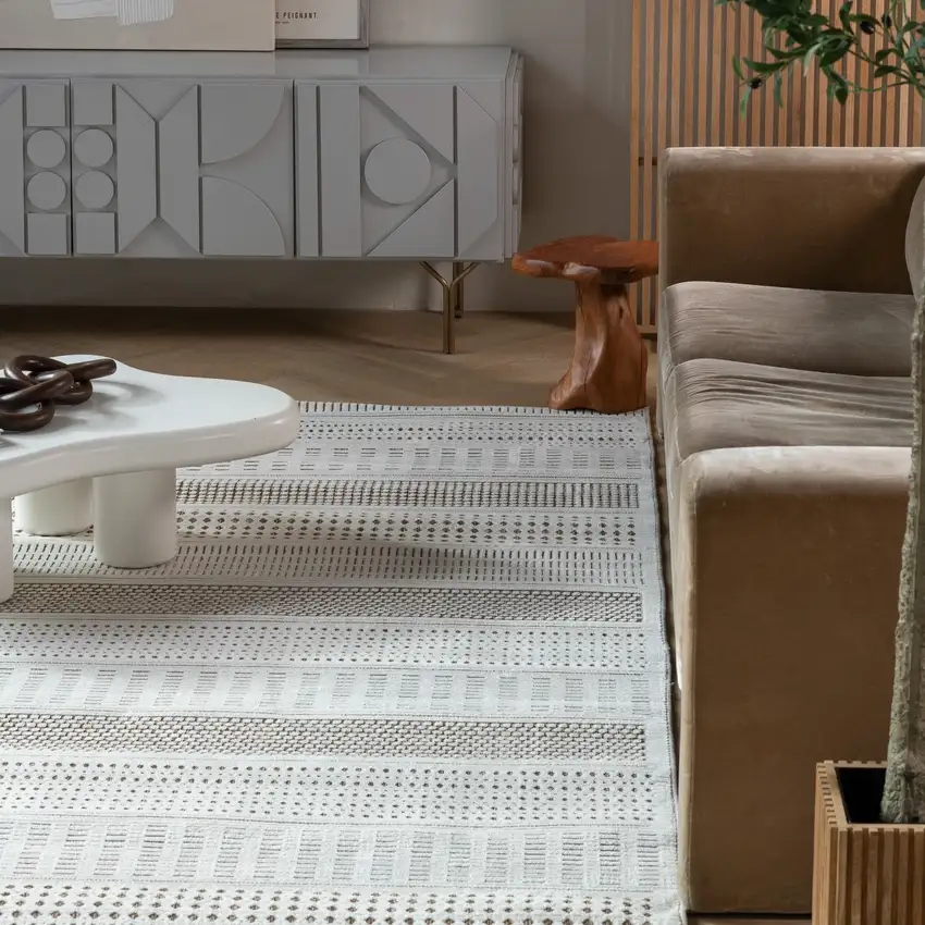 Beige and Brown Geometric Distressed Indoor Outdoor Area Rug Photo 6