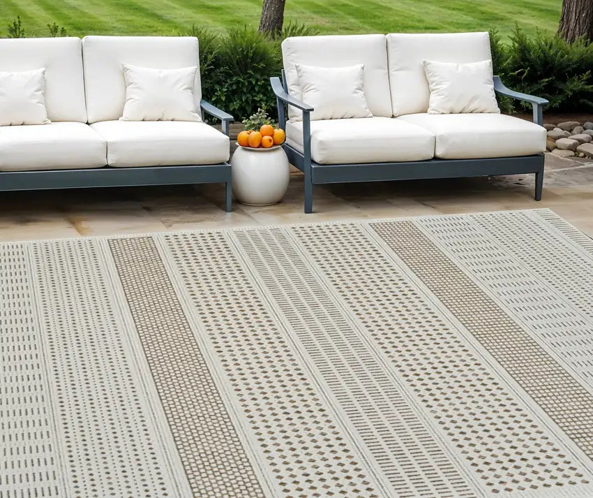 Beige and Brown Geometric Distressed Indoor Outdoor Area Rug Photo 1